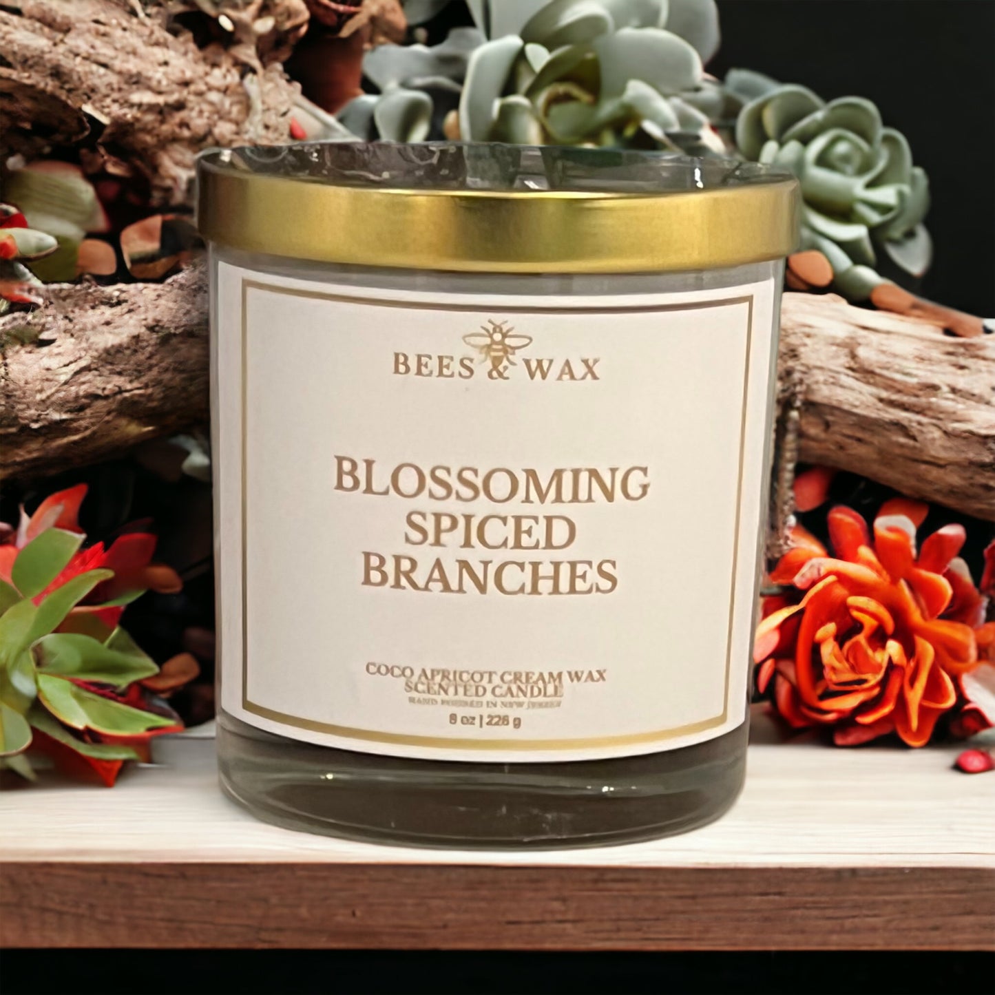 blossoming spiced branches | 8 oz wooden wick | jasmine, cinnamon & patchouli