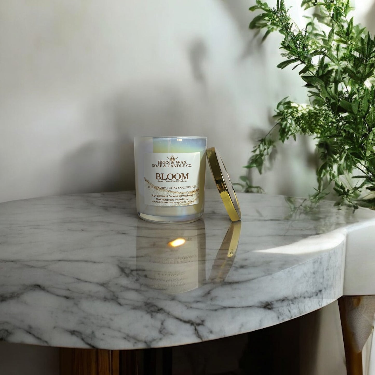 bloom luxury + cozy candles | 12 oz. beeswax candle | agave, green floral and patchouli