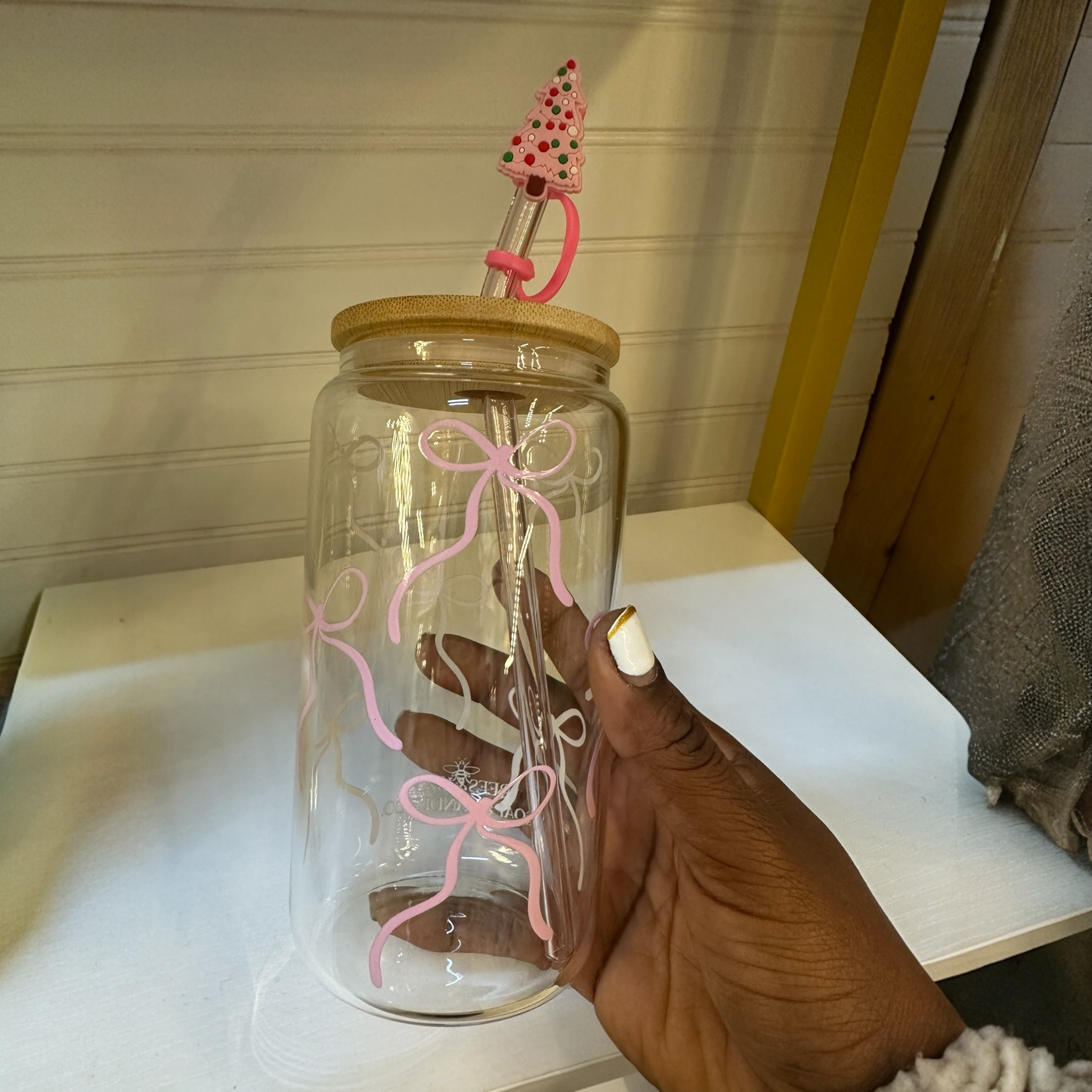 pink bows 16 oz. glass cup | bamboo lid | glass straw