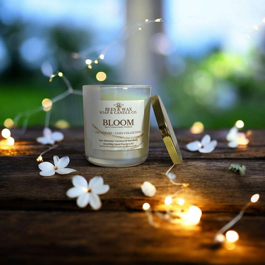 bloom luxury + cozy candles | wooden wick | agave, green floral and patchouli
