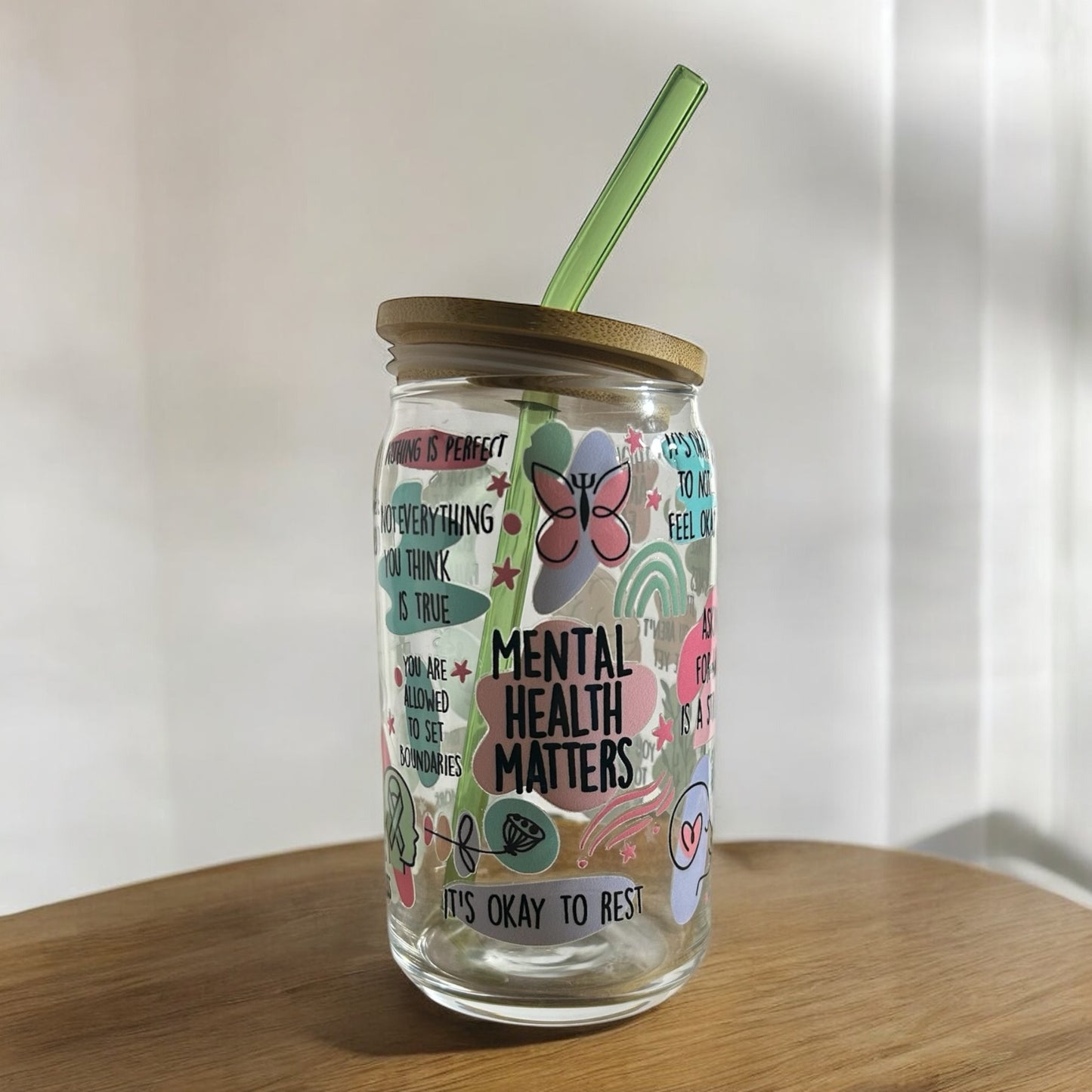 mental health 16 oz. glass cup | bamboo lid | glass straw