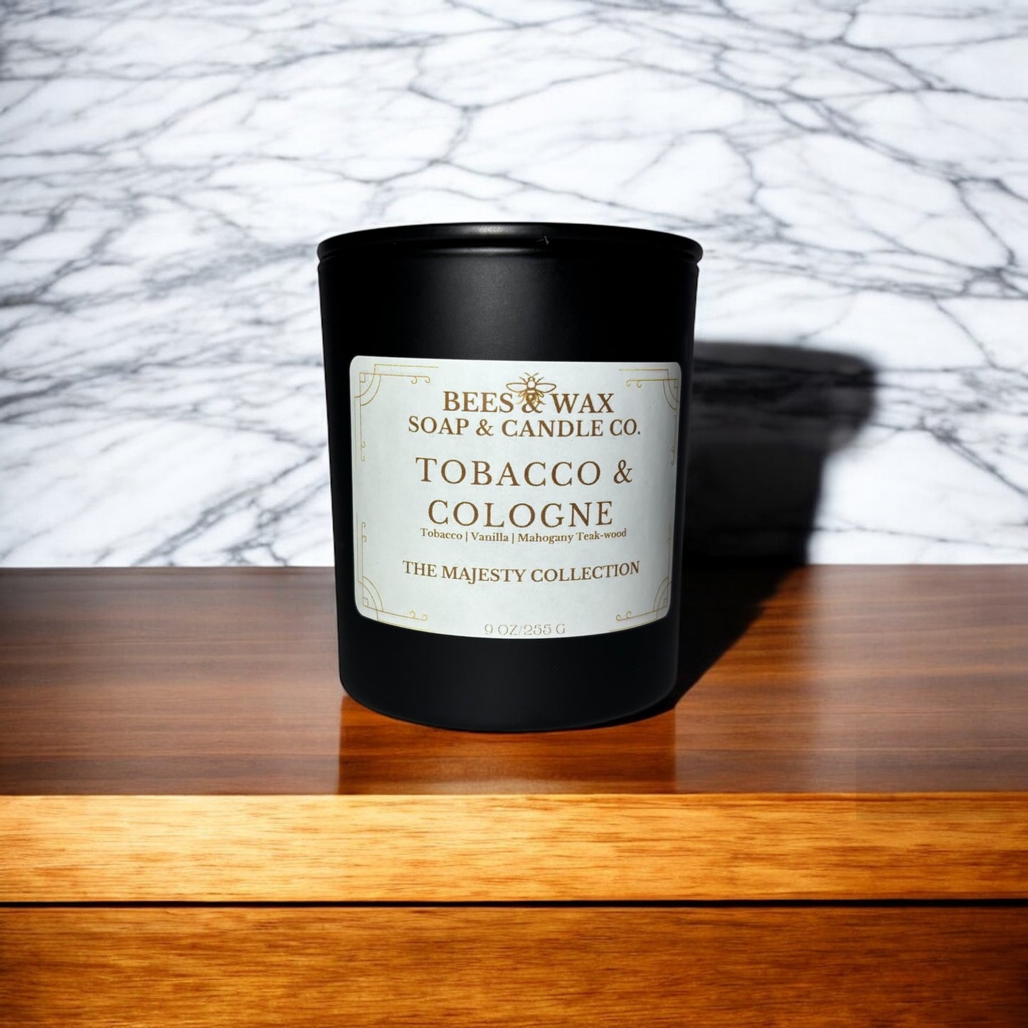tobacco + cologne | 9 oz wooden wick | creamy vanilla, smokey tobacco & mahogany woods
