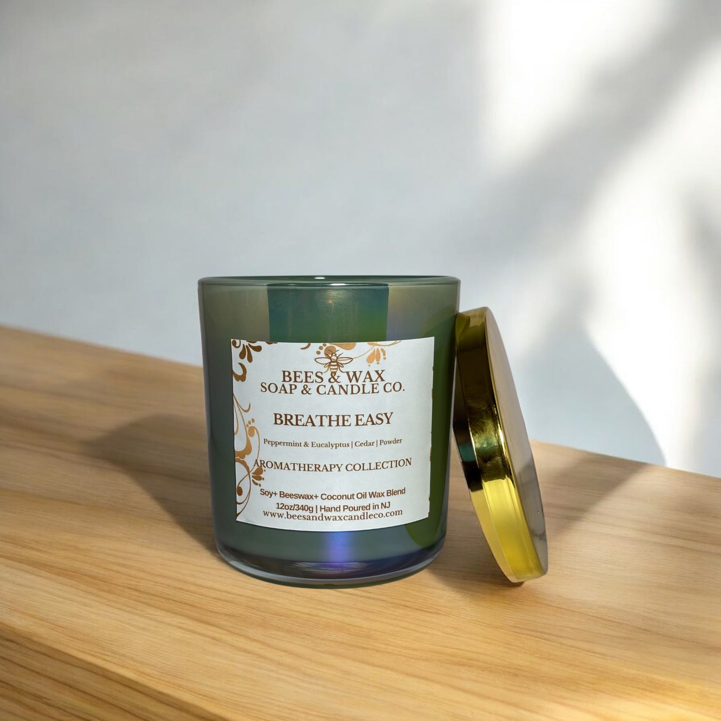 breath easy aromatherapy candles | 12 oz. beeswax candle | peppermint, eucalyptus, cedar and powder