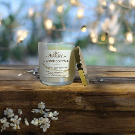 summer cottage luxury + cozy candles | wooden wick | lemon, lilac and sea breeze