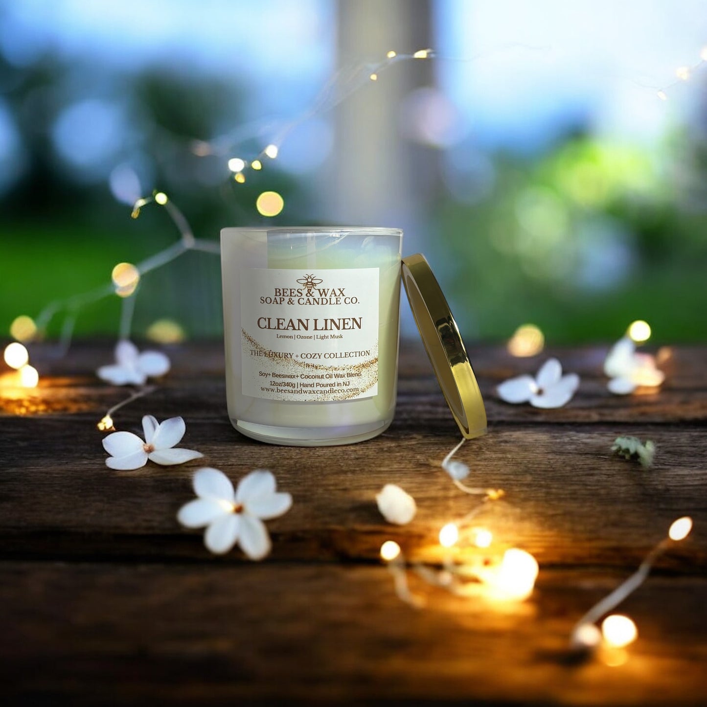 clean linen luxury + cozy candles | 12 oz. beeswax candle | lemon, ozone and light musk