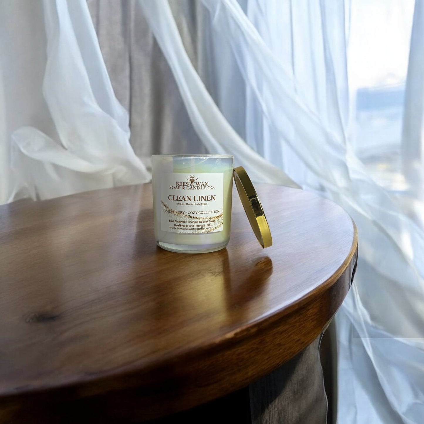 clean linen luxury + cozy candles | 12 oz. beeswax candle | lemon, ozone and light musk