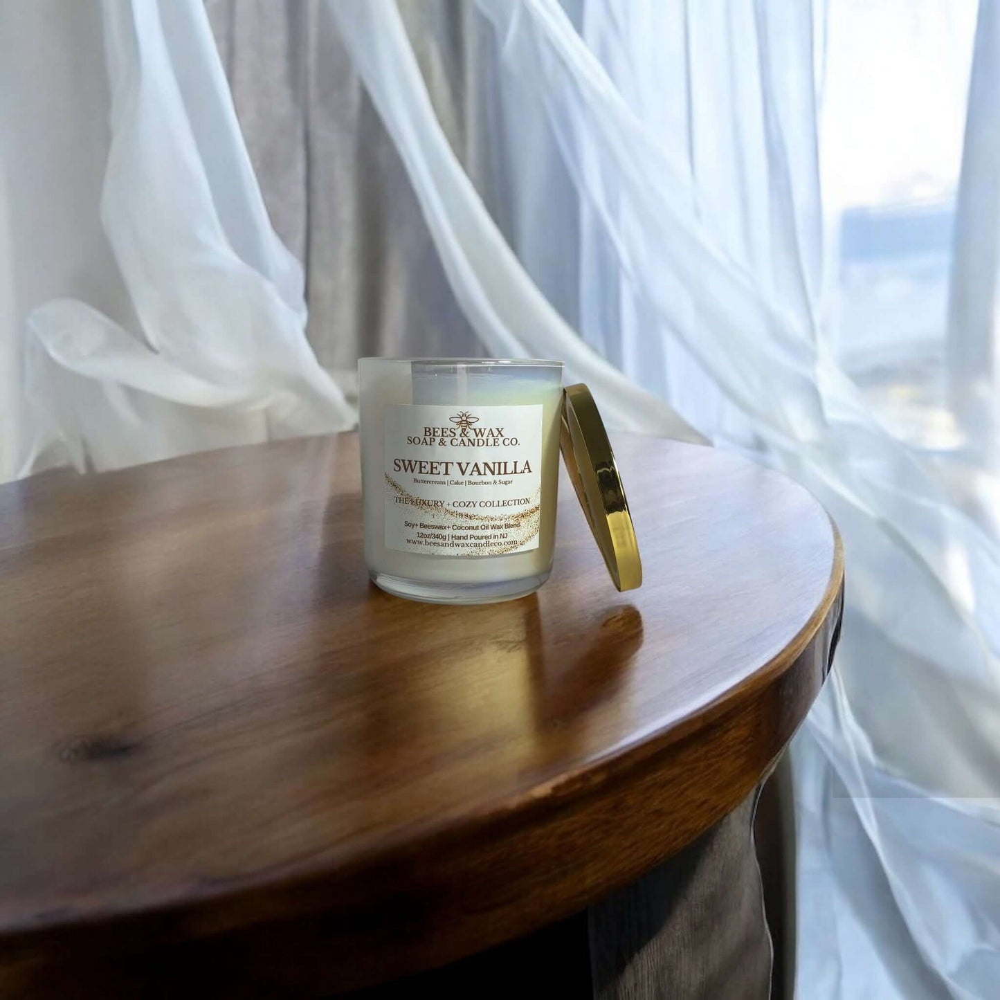 sweet vanilla luxury + cozy candles | wooden wick | buttercream, cake, bourbon and sugar