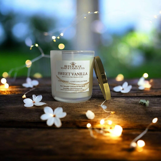 sweet vanilla luxury + cozy candles | wooden wick | buttercream, cake, bourbon and sugar