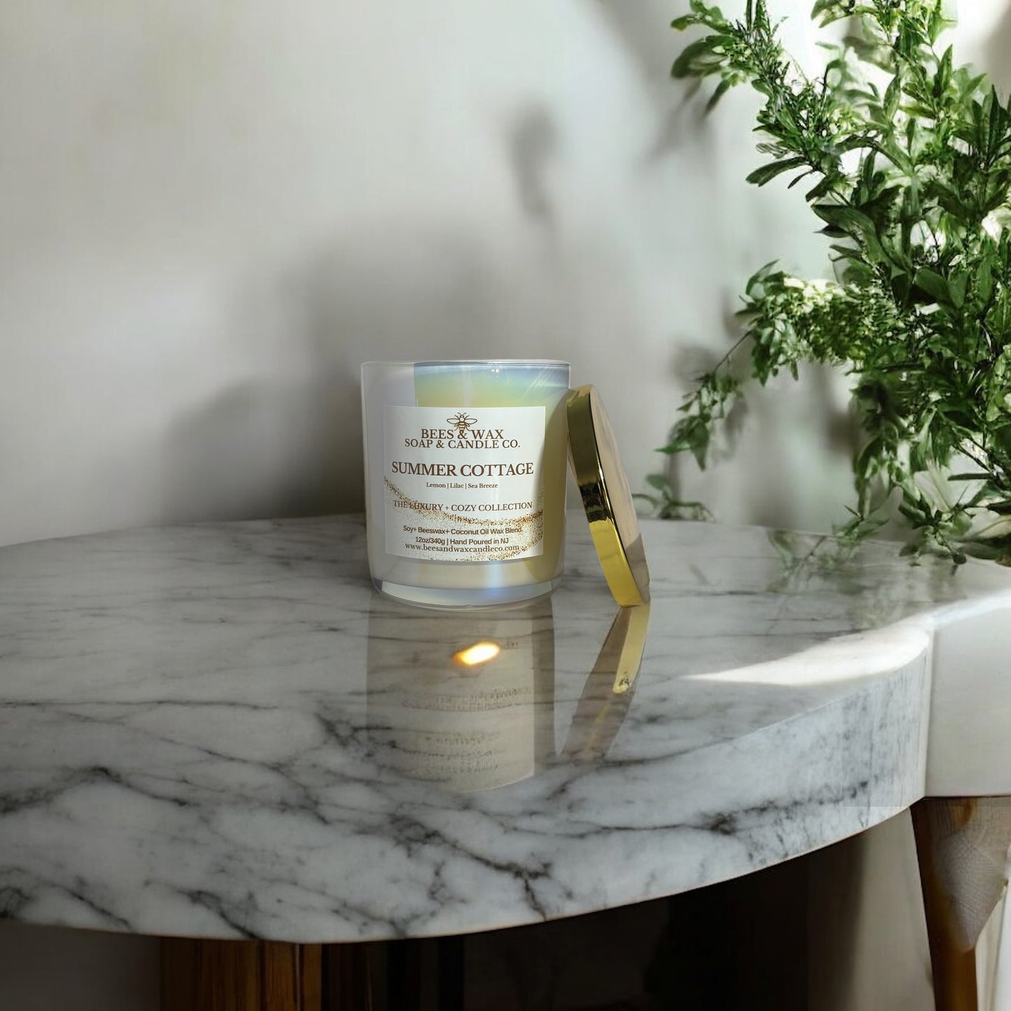 summer cottage luxury + cozy candles | 12 oz. beeswax candle | lemon, lilac and sea breeze