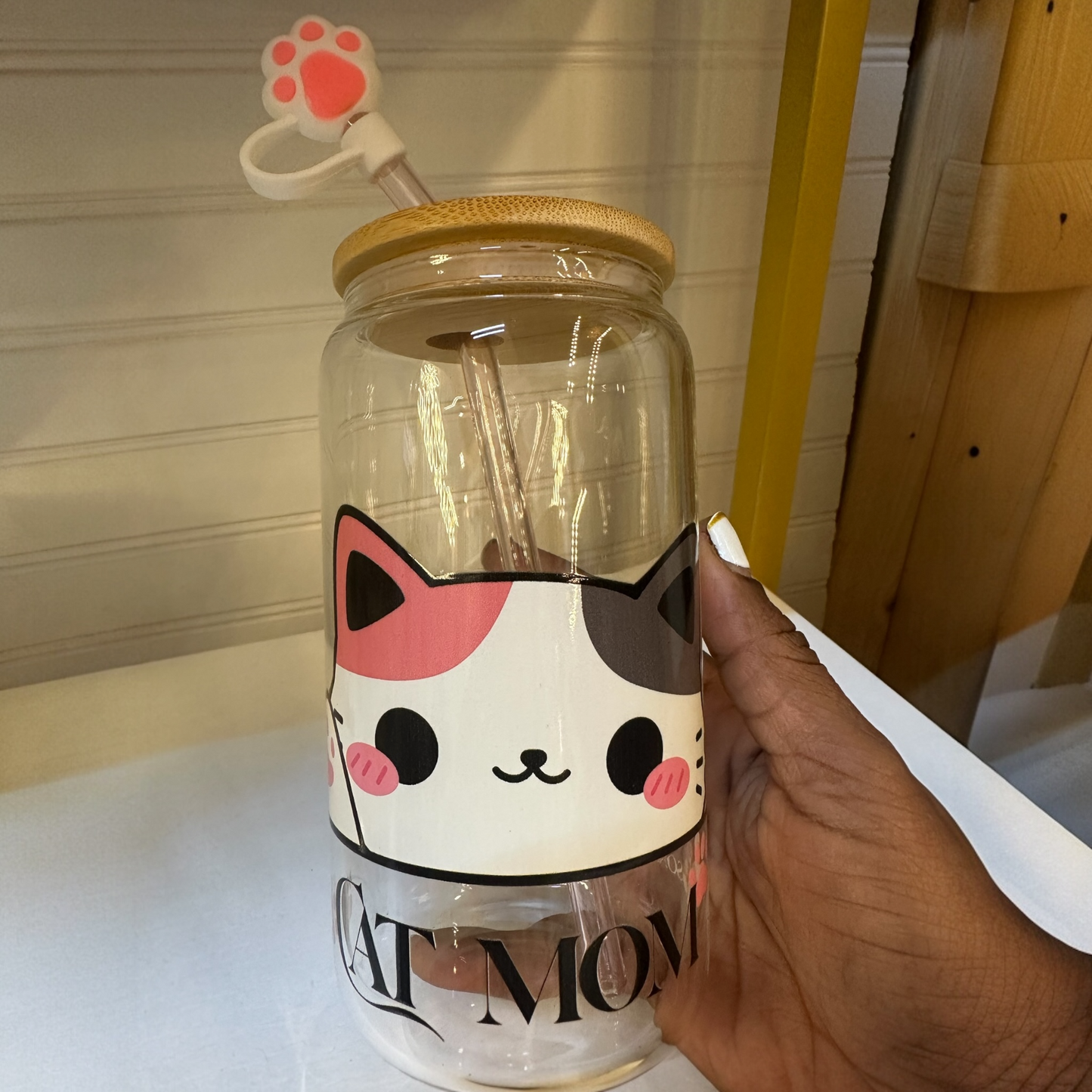 cat mom 16 oz. glass cup | bamboo lid | glass straw