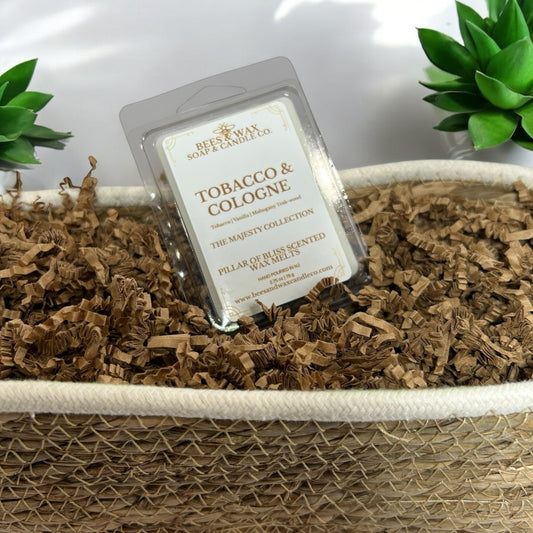 tobacco + cologne | 2.75 oz. wax melt | creamy vanilla, smokey tobacco & mahogany woods
