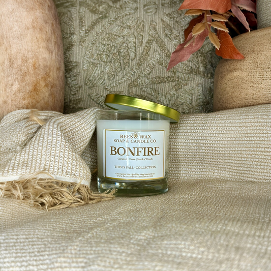 bonfire | 8 oz wooden wick | jasmine, cinnamon & patchouli