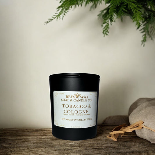 tobacco + cologne | 9 oz wooden wick | creamy vanilla, smokey tobacco & mahogany woods