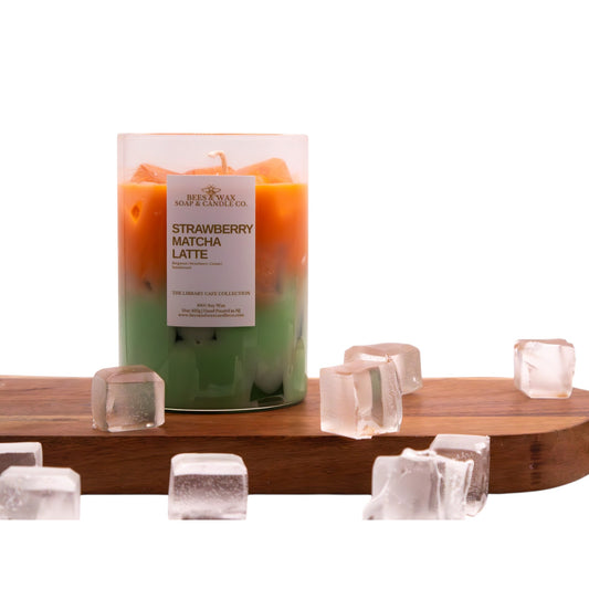 strawberry matcha latte 15 oz matcha candle | handcrafted realistic ice matcha| made with soy and gel wax