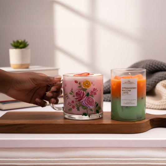 strawberry matcha latte 15 oz matcha candle | handcrafted realistic ice matcha| made with soy and gel wax